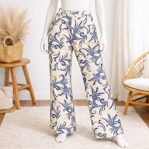 Banana Republic Linen Blend Wide Leg Pants Blue Paisley Petite 0